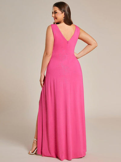 Floor Length V Neck Shimmery Evening Dresses with Side Split