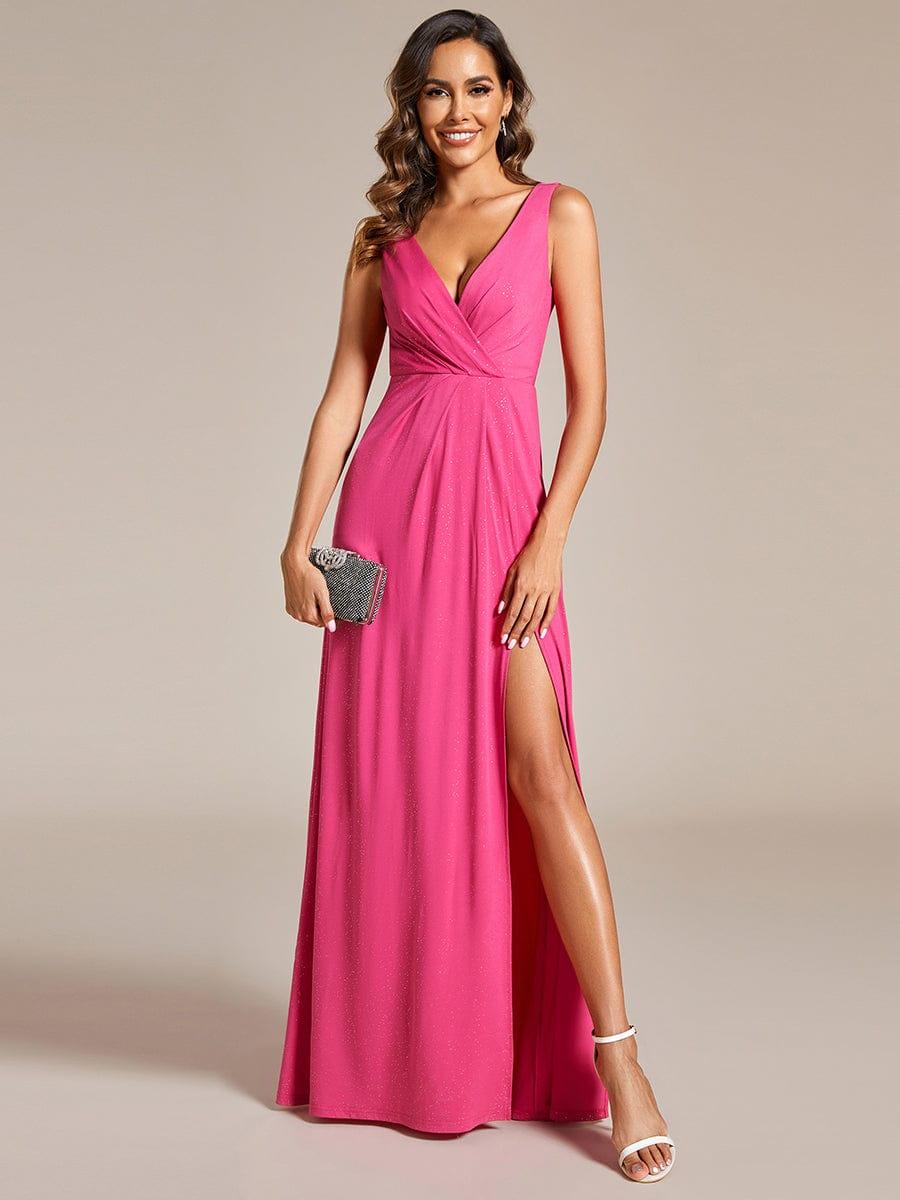Floor Length V Neck Shimmery Evening Dresses with Side Split