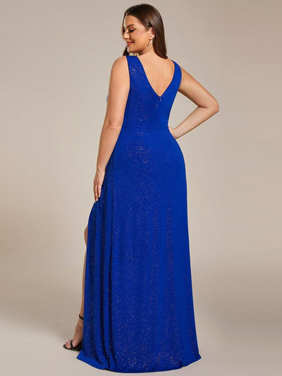 Floor Length V Neck Shimmery Evening Dresses with Side Split
