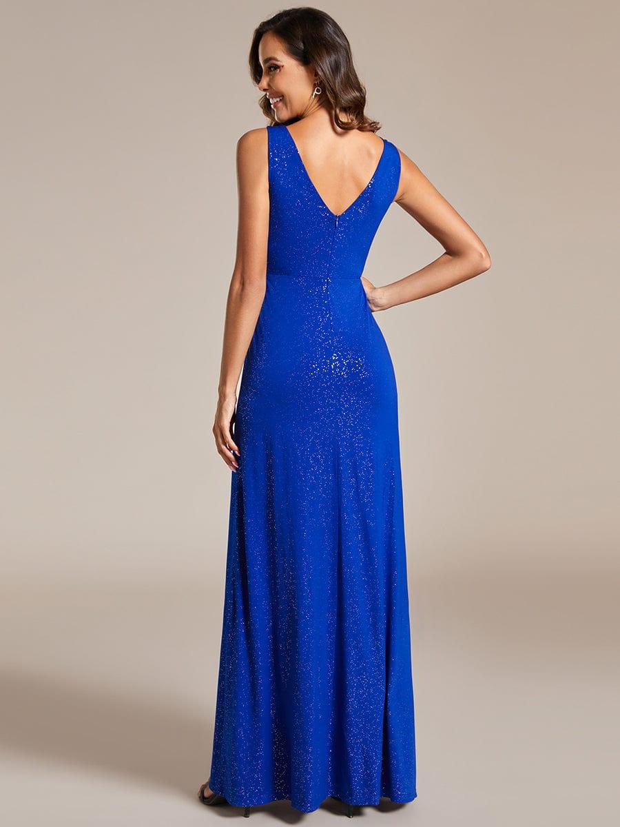 Floor Length V Neck Shimmery Evening Dresses with Side Split
