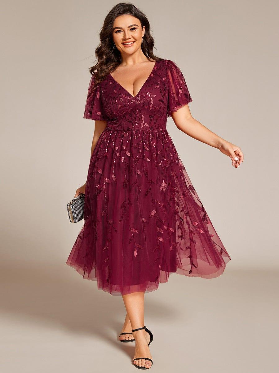 ever SIMONE|Leaf Sequin Short Sleeve Tulle Midi Wedding Guest Dress(Final Sale)