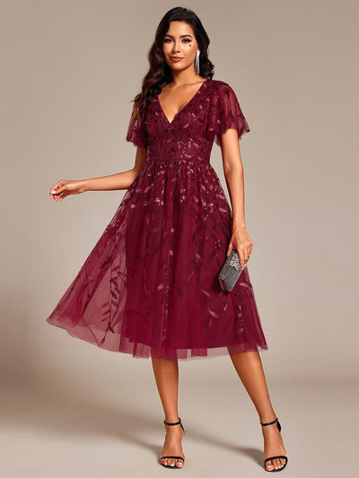 ever SIMONE|Leaf Sequin Short Sleeve Tulle Midi Wedding Guest Dress(Final Sale)
