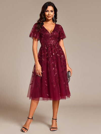 ever SIMONE|Leaf Sequin Short Sleeve Tulle Midi Wedding Guest Dress(Final Sale)