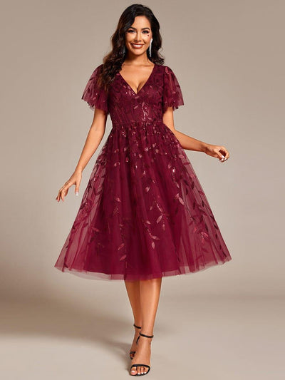 ever SIMONE|Leaf Sequin Short Sleeve Tulle Midi Wedding Guest Dress(Final Sale)