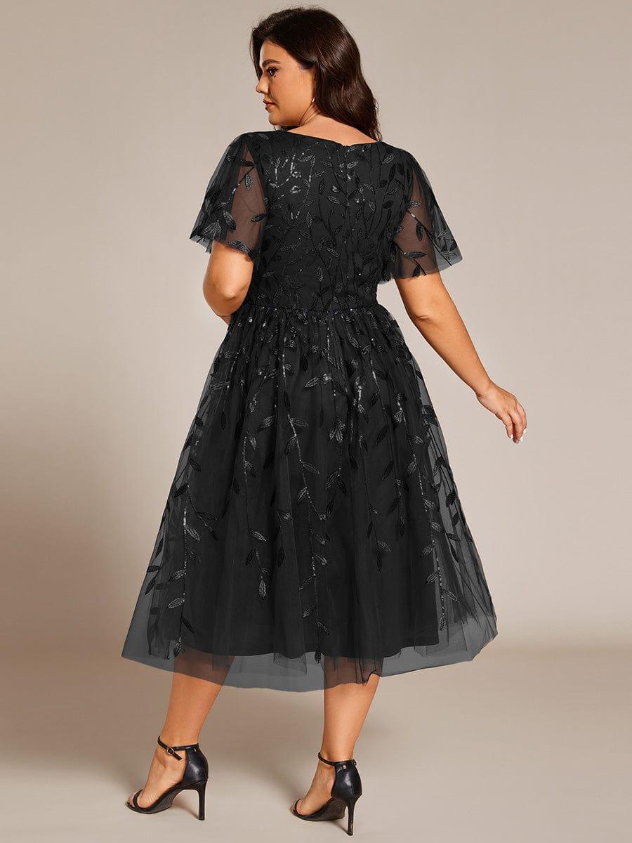 ever SIMONE|Leaf Sequin Short Sleeve Tulle Midi Wedding Guest Dress(Final Sale)