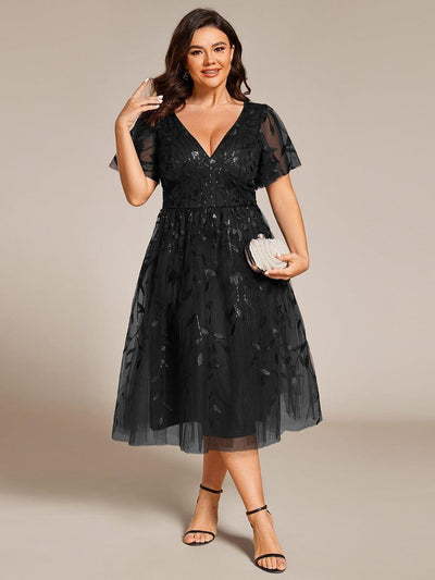ever SIMONE|Leaf Sequin Short Sleeve Tulle Midi Wedding Guest Dress(Final Sale)