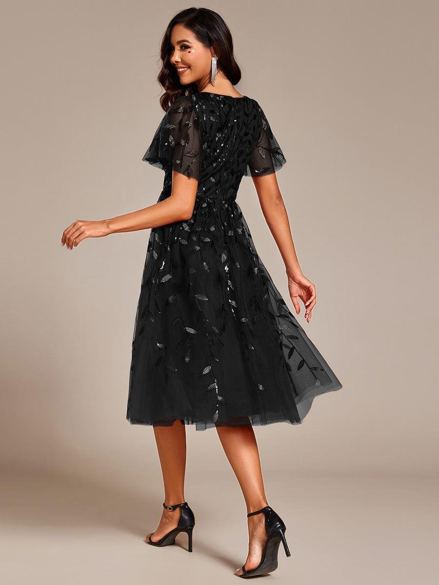 ever SIMONE|Leaf Sequin Short Sleeve Tulle Midi Wedding Guest Dress(Final Sale)