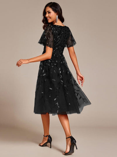 ever SIMONE|Leaf Sequin Short Sleeve Tulle Midi Wedding Guest Dress(Final Sale)