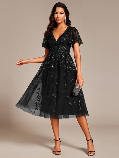 ever SIMONE|Leaf Sequin Short Sleeve Tulle Midi Wedding Guest Dress(Final Sale)