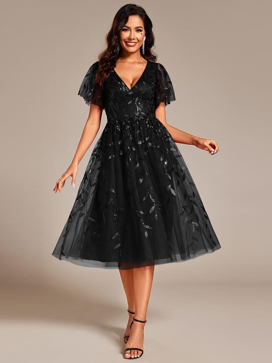 ever SIMONE|Leaf Sequin Short Sleeve Tulle Midi Wedding Guest Dress(Final Sale)