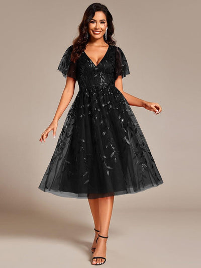 ever SIMONE|Leaf Sequin Short Sleeve Tulle Midi Wedding Guest Dress(Final Sale)