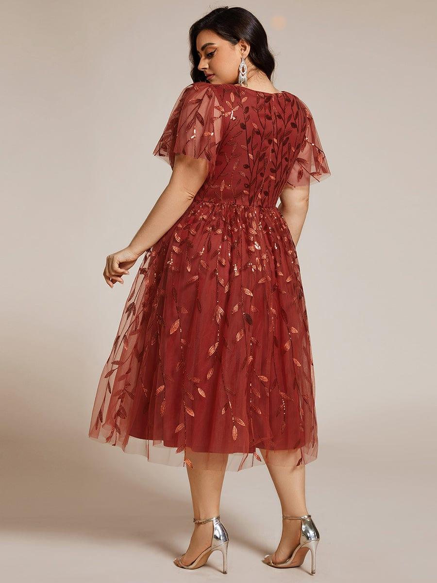 ever SIMONE|Leaf Sequin Short Sleeve Tulle Midi Wedding Guest Dress(Final Sale)