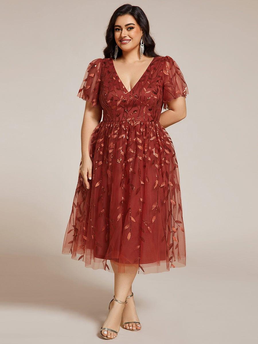 ever SIMONE|Leaf Sequin Short Sleeve Tulle Midi Wedding Guest Dress(Final Sale)