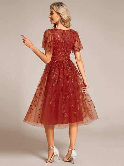 ever SIMONE|Leaf Sequin Short Sleeve Tulle Midi Wedding Guest Dress(Final Sale)