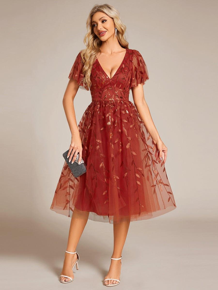 ever SIMONE|Leaf Sequin Short Sleeve Tulle Midi Wedding Guest Dress(Final Sale)