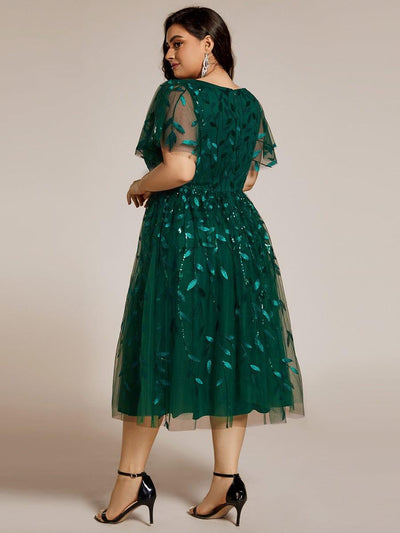 ever SIMONE|Leaf Sequin Short Sleeve Tulle Midi Wedding Guest Dress(Final Sale)