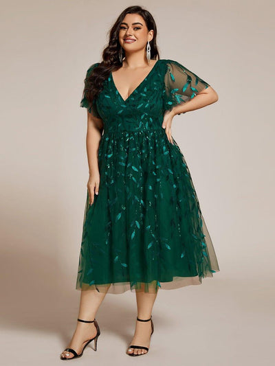 ever SIMONE|Leaf Sequin Short Sleeve Tulle Midi Wedding Guest Dress(Final Sale)