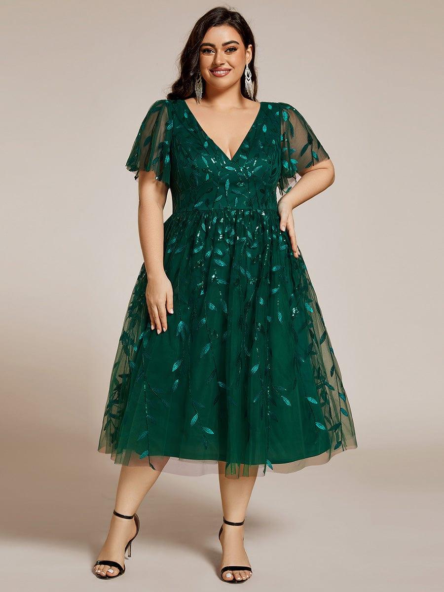 ever SIMONE|Leaf Sequin Short Sleeve Tulle Midi Wedding Guest Dress(Final Sale)