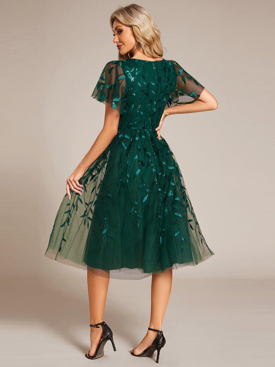 ever SIMONE|Leaf Sequin Short Sleeve Tulle Midi Wedding Guest Dress(Final Sale)