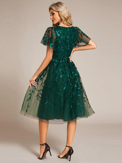 ever SIMONE|Leaf Sequin Short Sleeve Tulle Midi Wedding Guest Dress(Final Sale)
