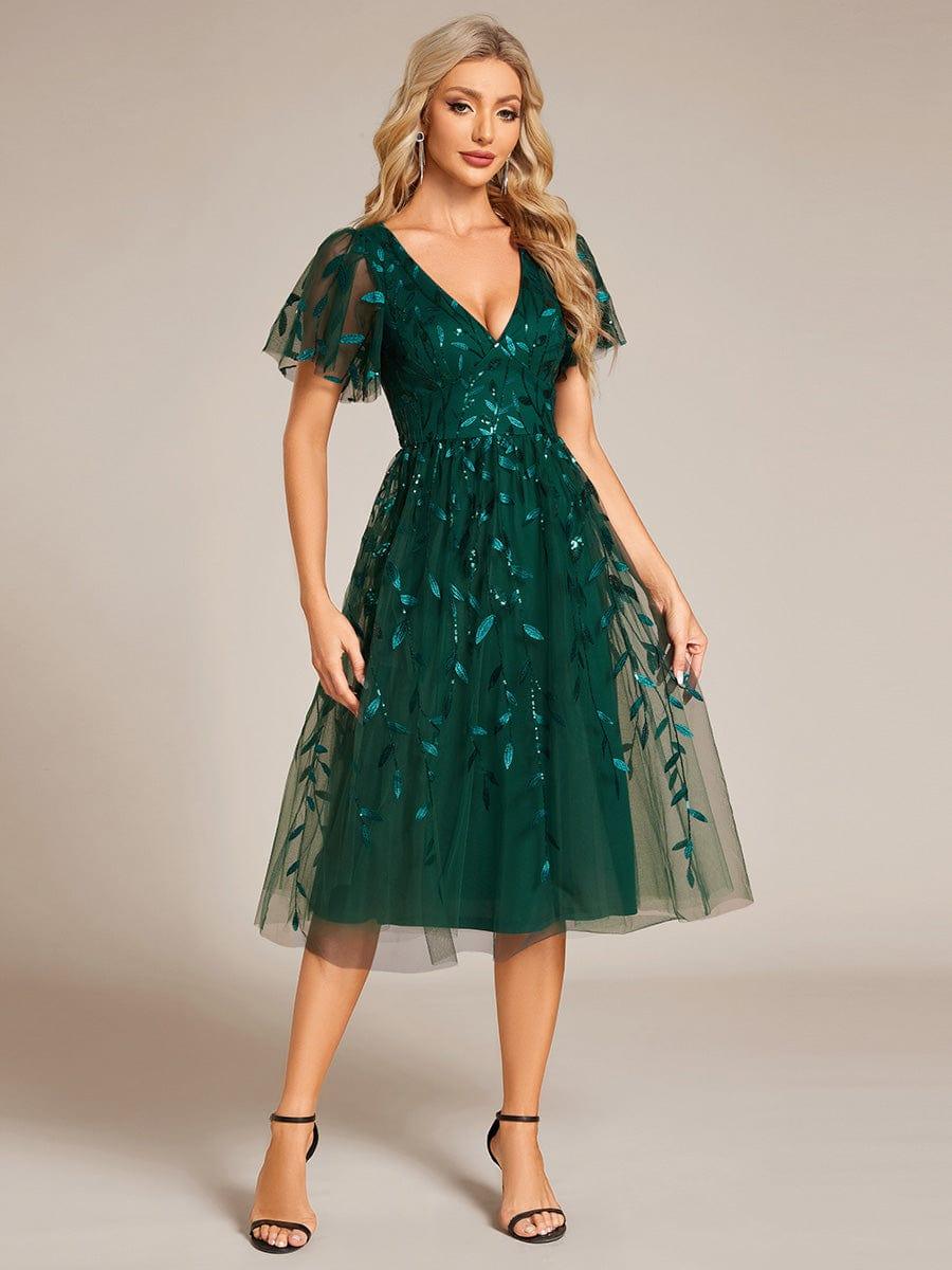 ever SIMONE|Leaf Sequin Short Sleeve Tulle Midi Wedding Guest Dress(Final Sale)