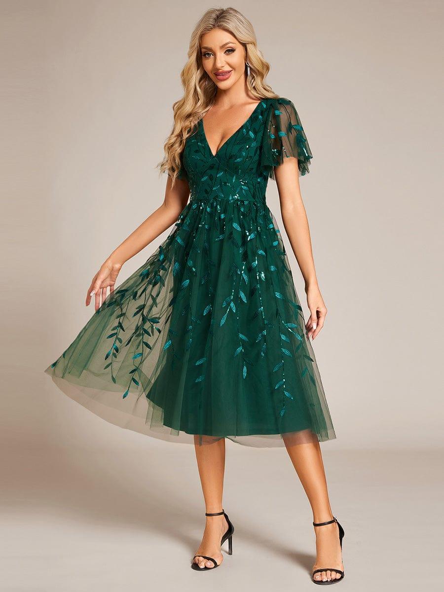 ever SIMONE|Leaf Sequin Short Sleeve Tulle Midi Wedding Guest Dress(Final Sale)