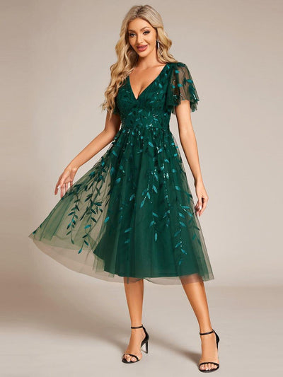 ever SIMONE|Leaf Sequin Short Sleeve Tulle Midi Wedding Guest Dress(Final Sale)