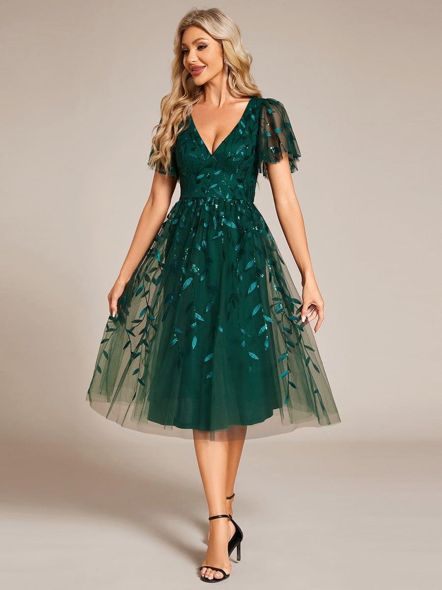 ever SIMONE|Leaf Sequin Short Sleeve Tulle Midi Wedding Guest Dress(Final Sale)