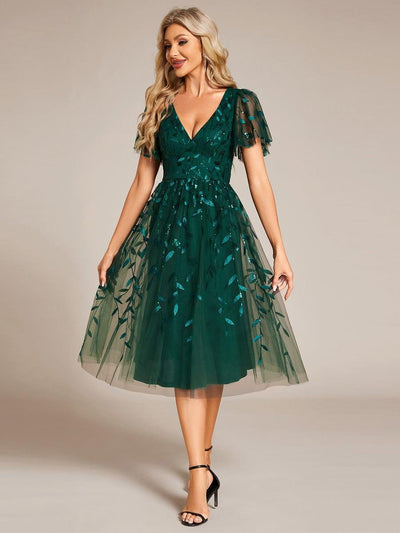 ever SIMONE|Leaf Sequin Short Sleeve Tulle Midi Wedding Guest Dress(Final Sale)