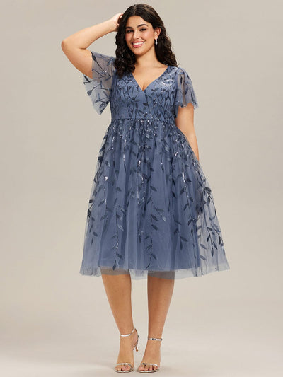 ever SIMONE|Leaf Sequin Short Sleeve Tulle Midi Wedding Guest Dress(Final Sale)