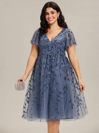 ever SIMONE|Leaf Sequin Short Sleeve Tulle Midi Wedding Guest Dress(Final Sale)