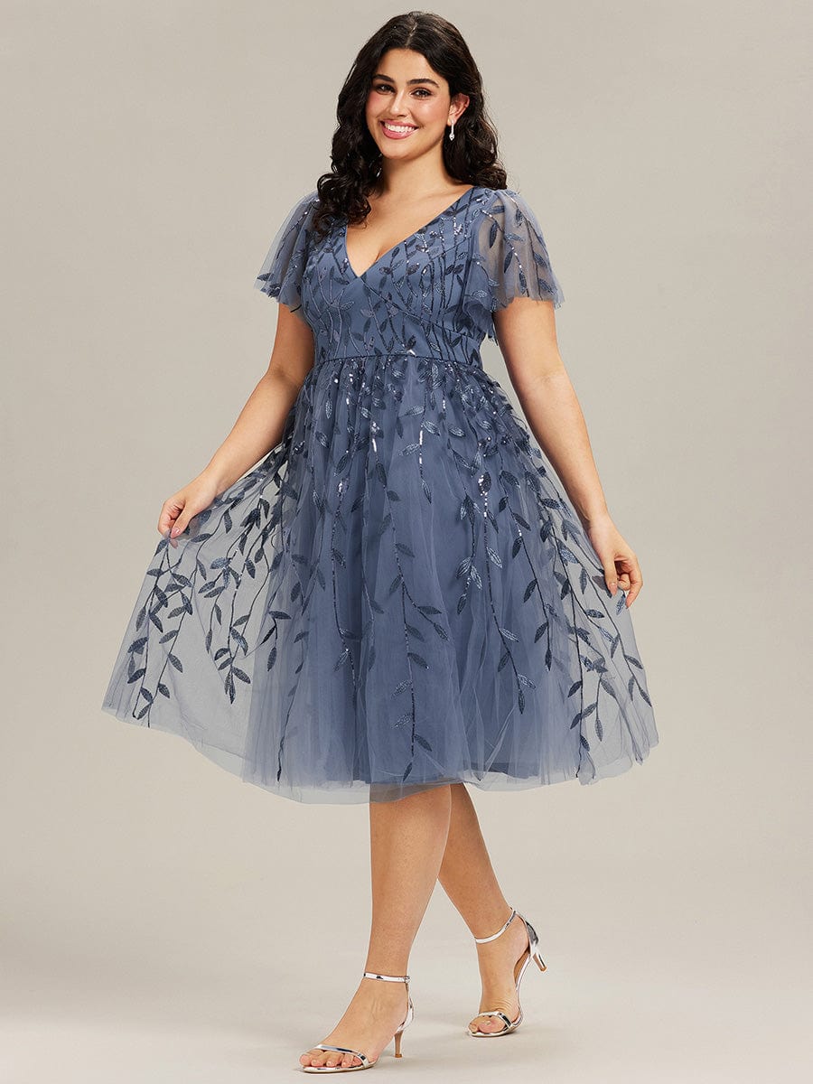 ever SIMONE|Leaf Sequin Short Sleeve Tulle Midi Wedding Guest Dress(Final Sale)
