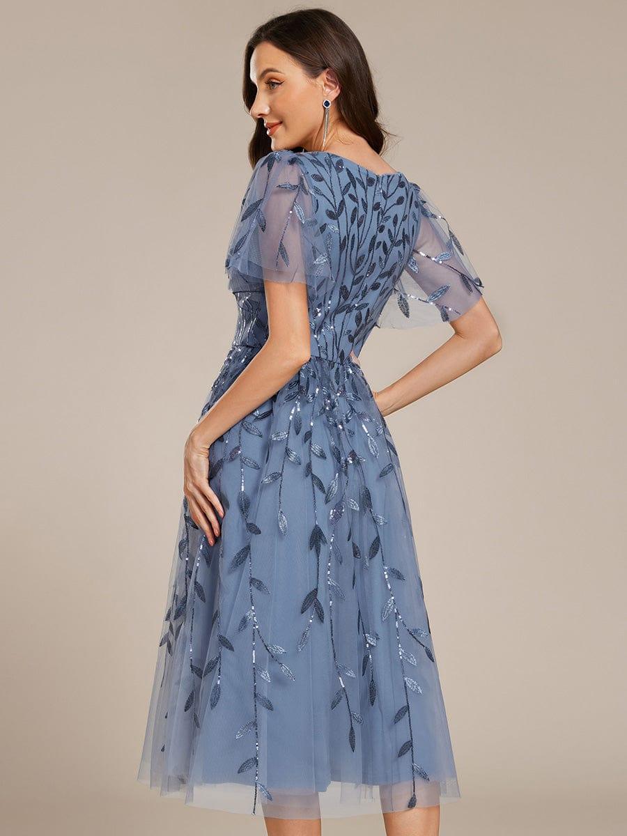 ever SIMONE|Leaf Sequin Short Sleeve Tulle Midi Wedding Guest Dress(Final Sale)