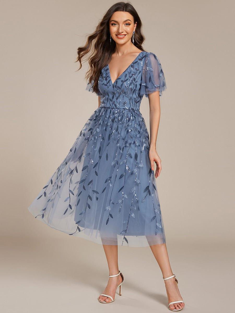 ever SIMONE|Leaf Sequin Short Sleeve Tulle Midi Wedding Guest Dress(Final Sale)