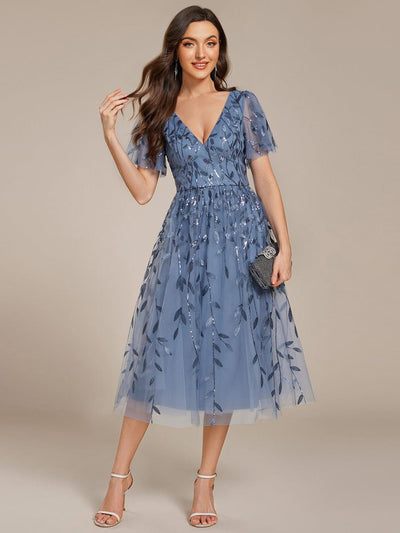 ever SIMONE|Leaf Sequin Short Sleeve Tulle Midi Wedding Guest Dress(Final Sale)