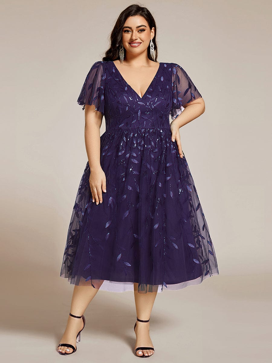 ever SIMONE|Leaf Sequin Short Sleeve Tulle Midi Wedding Guest Dress(Final Sale)