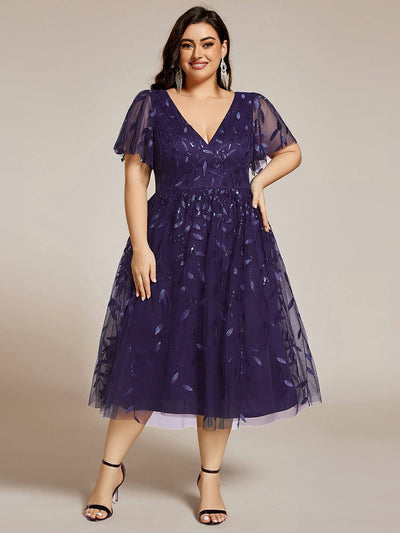 ever SIMONE|Leaf Sequin Short Sleeve Tulle Midi Wedding Guest Dress(Final Sale)