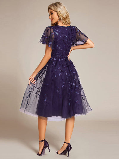 ever SIMONE|Leaf Sequin Short Sleeve Tulle Midi Wedding Guest Dress(Final Sale)