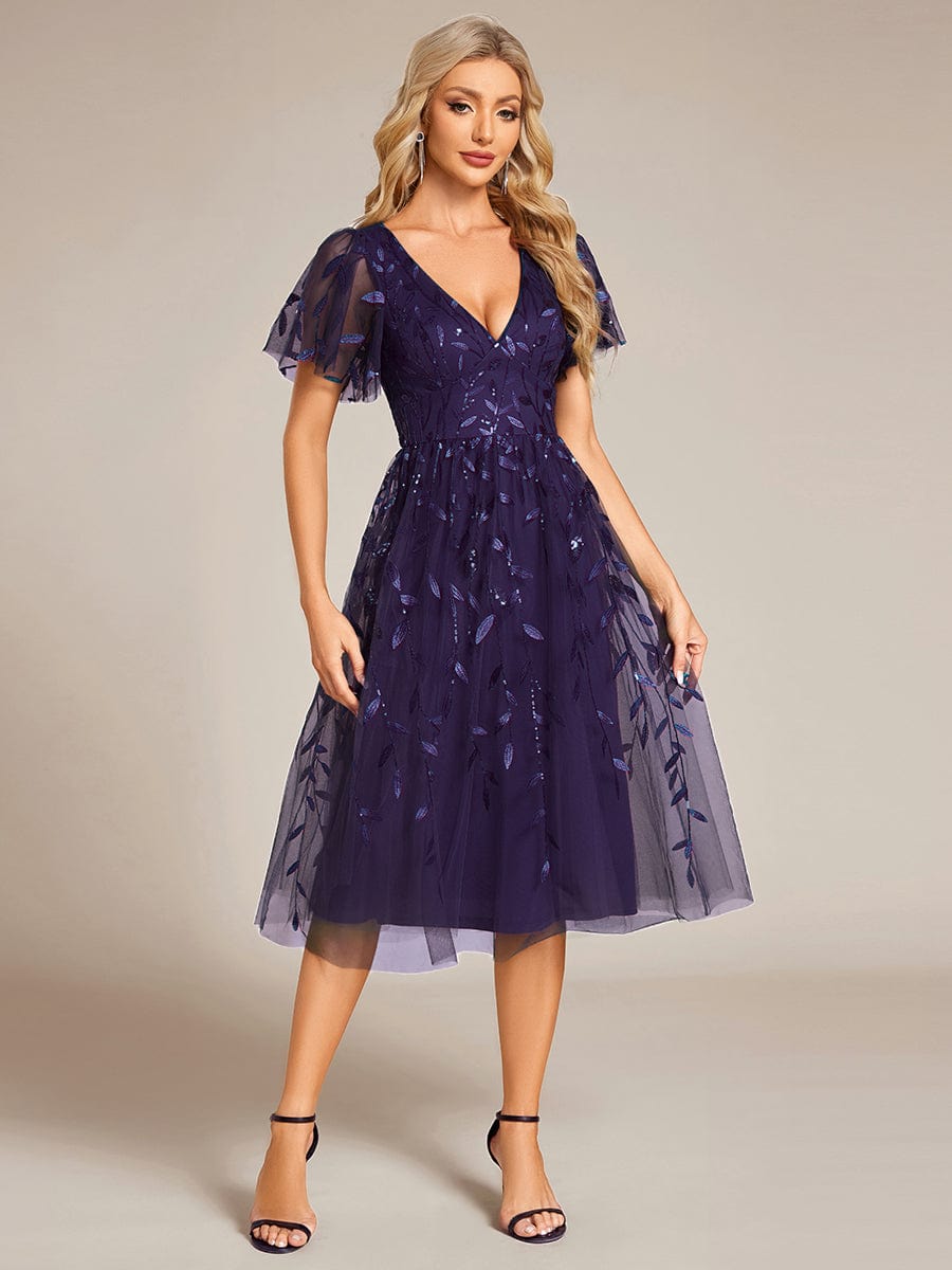 ever SIMONE|Leaf Sequin Short Sleeve Tulle Midi Wedding Guest Dress(Final Sale)