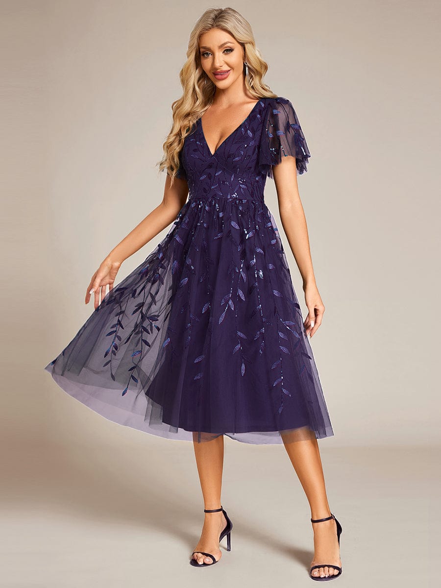 ever SIMONE|Leaf Sequin Short Sleeve Tulle Midi Wedding Guest Dress(Final Sale)