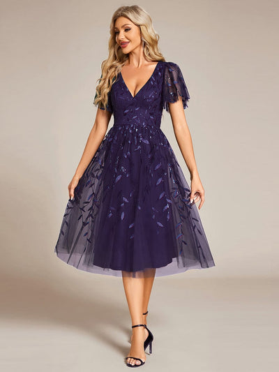 ever SIMONE|Leaf Sequin Short Sleeve Tulle Midi Wedding Guest Dress(Final Sale)