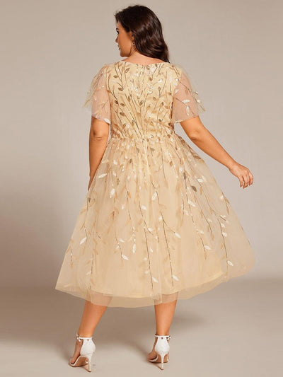 ever SIMONE|Leaf Sequin Short Sleeve Tulle Midi Wedding Guest Dress(Final Sale)