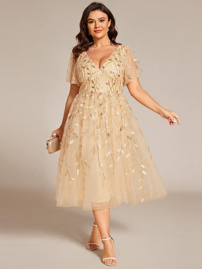 ever SIMONE|Leaf Sequin Short Sleeve Tulle Midi Wedding Guest Dress(Final Sale)