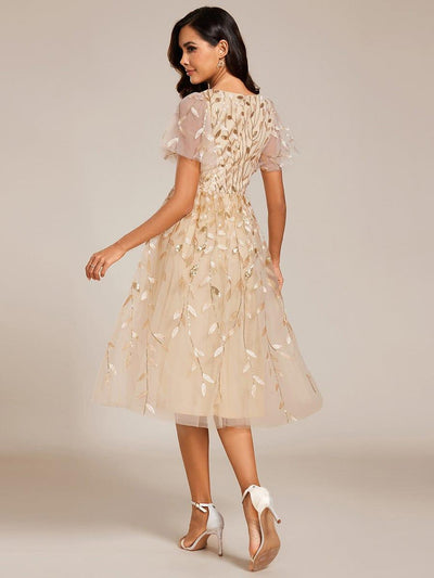 ever SIMONE|Leaf Sequin Short Sleeve Tulle Midi Wedding Guest Dress(Final Sale)