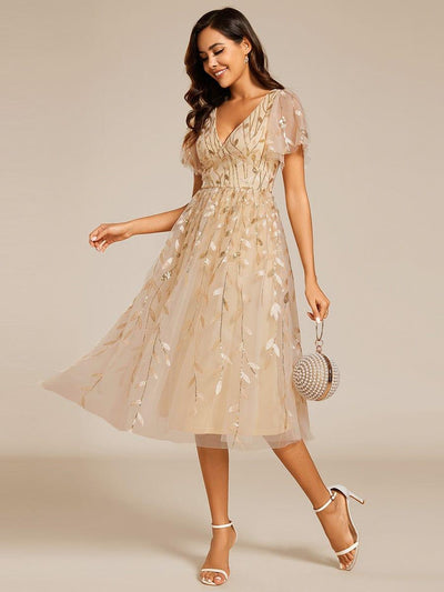 ever SIMONE|Leaf Sequin Short Sleeve Tulle Midi Wedding Guest Dress(Final Sale)