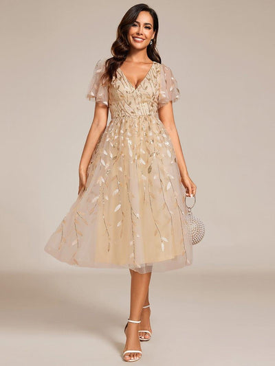 ever SIMONE|Leaf Sequin Short Sleeve Tulle Midi Wedding Guest Dress(Final Sale)