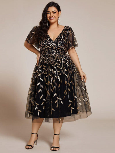 ever SIMONE|Leaf Sequin Short Sleeve Tulle Midi Wedding Guest Dress(Final Sale)