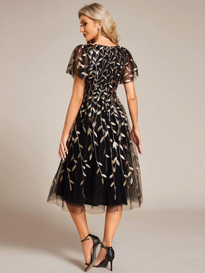 ever SIMONE|Leaf Sequin Short Sleeve Tulle Midi Wedding Guest Dress(Final Sale)