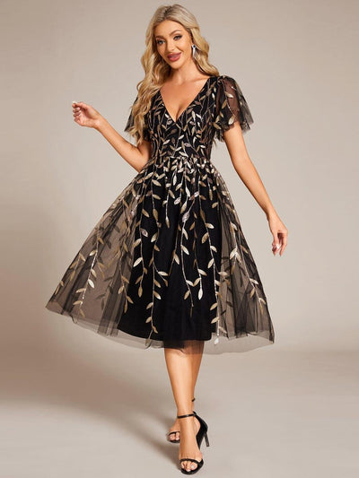 ever SIMONE|Leaf Sequin Short Sleeve Tulle Midi Wedding Guest Dress(Final Sale)