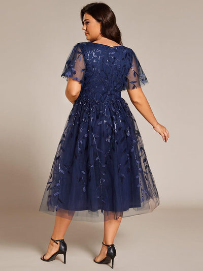 ever SIMONE|Leaf Sequin Short Sleeve Tulle Midi Wedding Guest Dress(Final Sale)